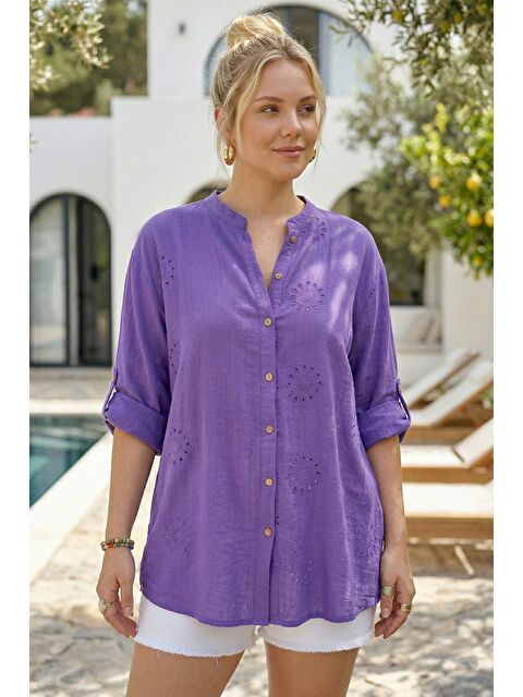 Chiccy Mor Hakim Yaka Düğmeli Uzun Kollu Düğmeli Casual Müslin Dokuma Gömlek 75 63