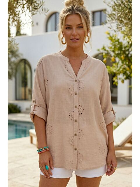 Chiccy Bej Hakim Yaka Düğmeli Uzun Kollu Düğmeli Casual Müslin Dokuma Gömlek 75 63
