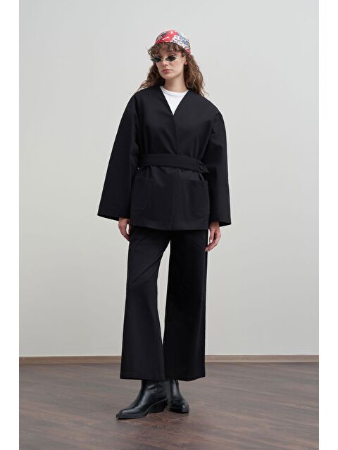 ALLDAY Siyah-V Yaka Kuşaklı Gabardin Ceket - S000501619-19351