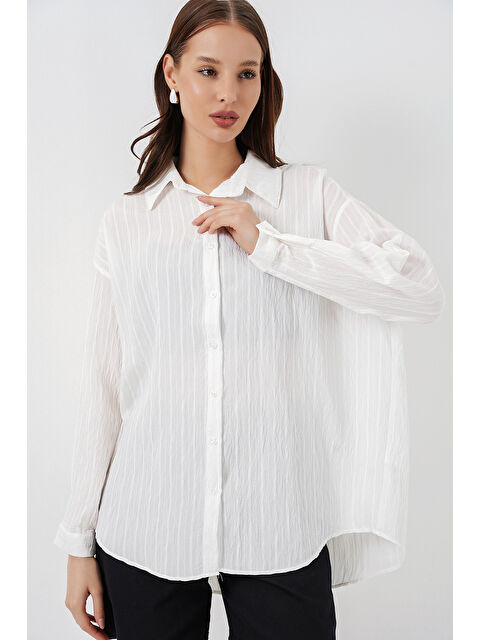 Bigdart Kadın Çizgili Oversize Gömlek 20293 - Beyaz - S000386920-20063