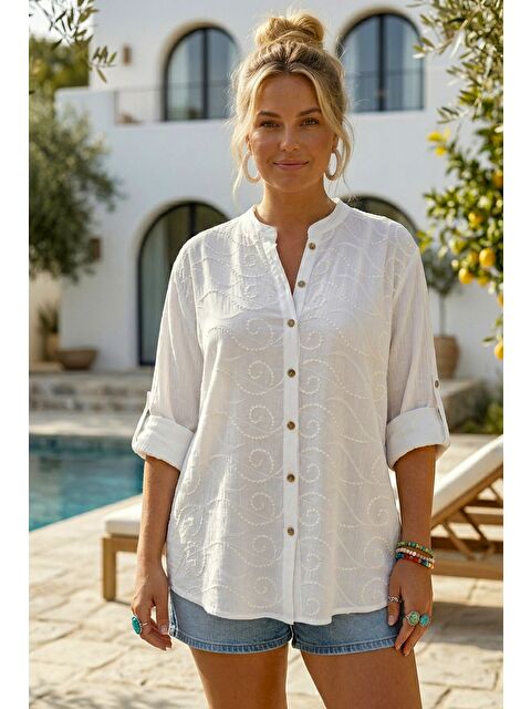 Chiccy Beyaz Hakim Yaka Düğmeli Uzun Kollu Düğmeli Casual Müslin Dokuma Gömlek 75 63