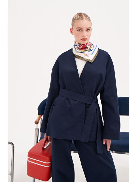 ALLDAY Lacivert-V Yaka Kuşaklı Gabardin Ceket - S000501619-21164