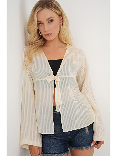 Bigdart Kadın Önü Bağcıklı Bluz 952 - Krem - S000396116-19966