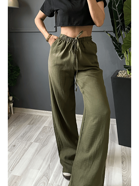 Tarz Cool Haki Bol Paça Müslin Kadın Pantolon - S000399622-18547