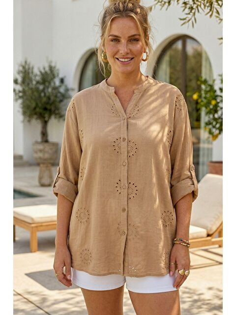 Chiccy Koyu Bej Hakim Yaka Düğmeli Uzun Kollu Düğmeli Casual Müslin Dokuma Gömlek 75 63