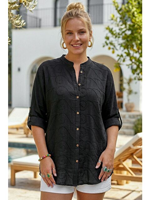 Chiccy Siyah Hakim Yaka Düğmeli Uzun Kollu Düğmeli Casual Müslin Dokuma Gömlek 75 63