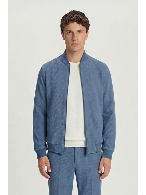 Sabri Özel Giotelli İndigo Bomber Stil Armürlü Slim Fit Triko Yaka Fermuarlı 6 Drop Erkek Takım Elbise - S000523790-17234