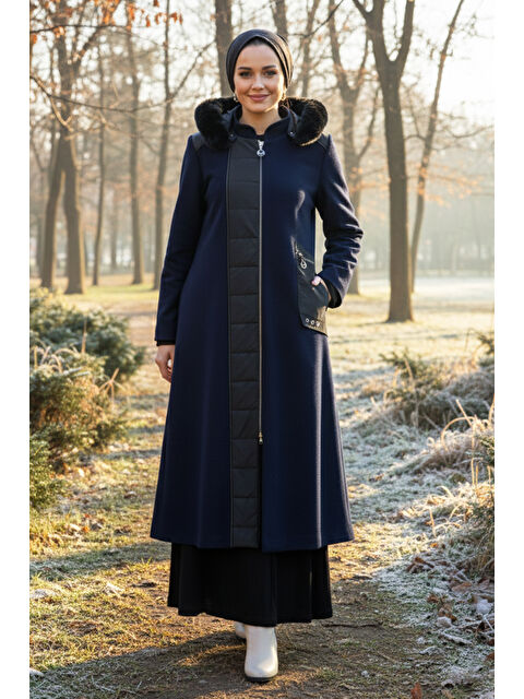 Remsa Tam Boy Kürk Detay Kaşe Uzun Kaban 2578 Lacivert - S000492673-21164