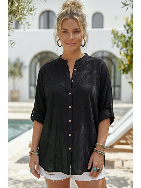 Chiccy Siyah Hakim Yaka Düğmeli Uzun Kollu Düğmeli Casual Müslin Dokuma Gömlek 75 63