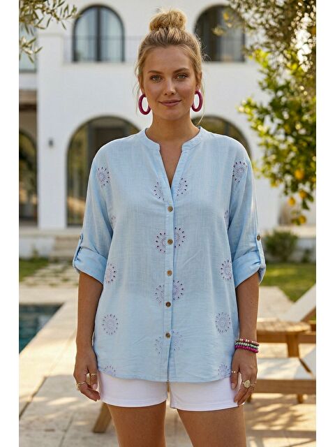 Chiccy Açık Mavi Hakim Yaka Düğmeli Uzun Kollu Düğmeli Casual Müslin Dokuma Gömlek 75 63