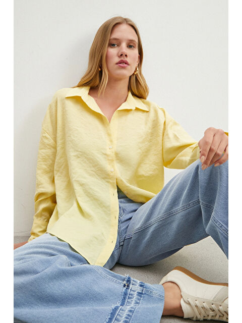 Never More Dökümlü Oversize Modal Gömlek Sarı
