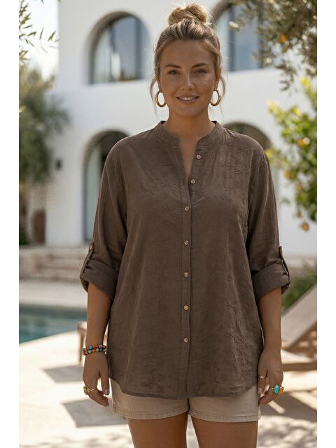 Chiccy Kahverengi Hakim Yaka Düğmeli Uzun Kollu Düğmeli Casual Müslin Dokuma Gömlek 75 63