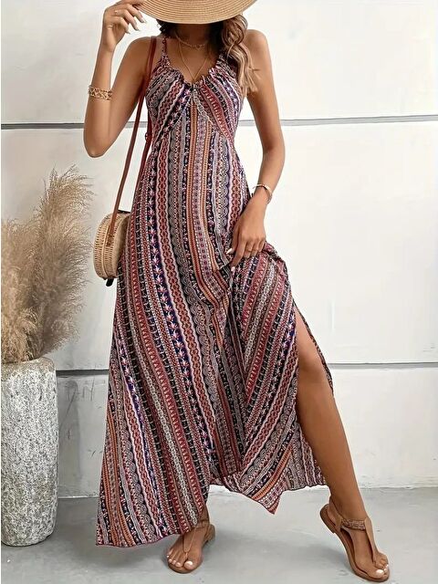 Jane's Kadın Ip Askılı Sırttan çapraz Detaylı Yırtmaçlı Desenli Süprem Elbise - S000528411-19951