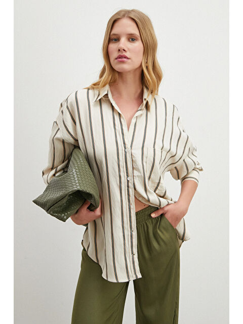 Never More Çizgili Diagonal Gömlek Krem