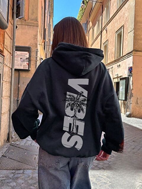 Trendseninle Kadın Siyah Palm Vibes Baskılı Oversize Kapüşonlu Sweatshirt Hoodie - S000465937-19351