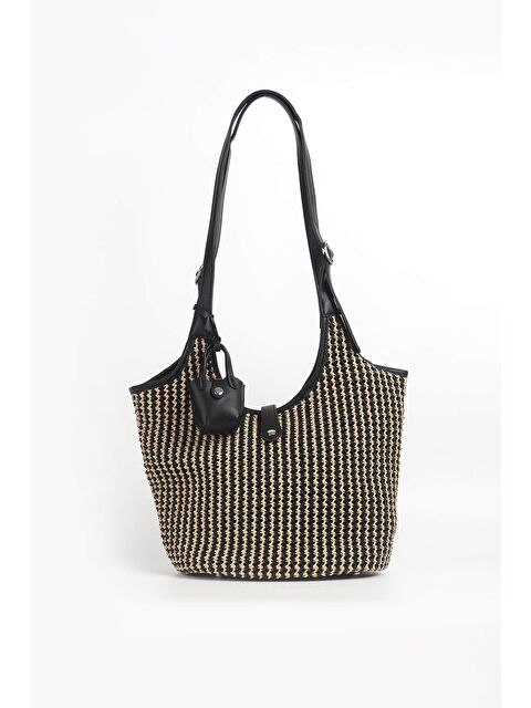 Haşema Deri Detaylı Siyah Bej Örme Hasır Plaj Çantası 1301