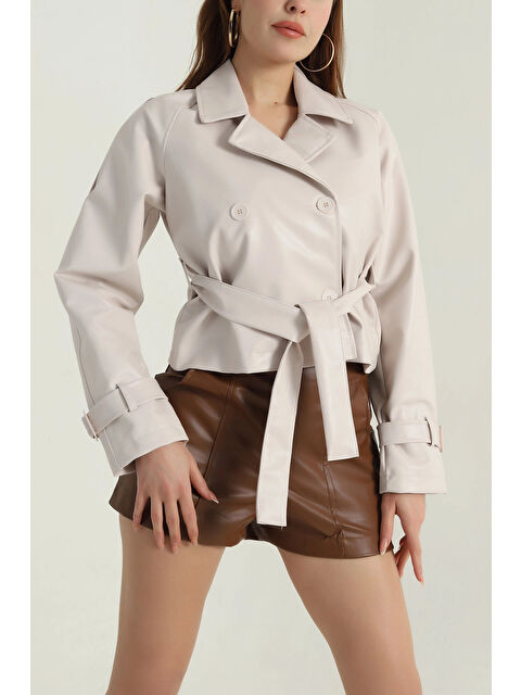 Hazelin Kadın Krem Kemerli Astarlı Suni Deri Ceket HZL25W-BD110461 - S000498994-19966