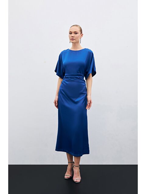 SATEEN Büzgü Detaylı Krep Saten Elbise - Lacivert - S000363360-21164