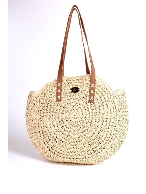 Haşema İmza Detaylı Bej Yuvarlak Örme Hasır Çanta 1007