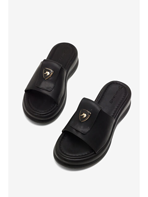 TONNY BLACK Kadın Siyah Rahat Kalıp Logo Detaylı Terlik