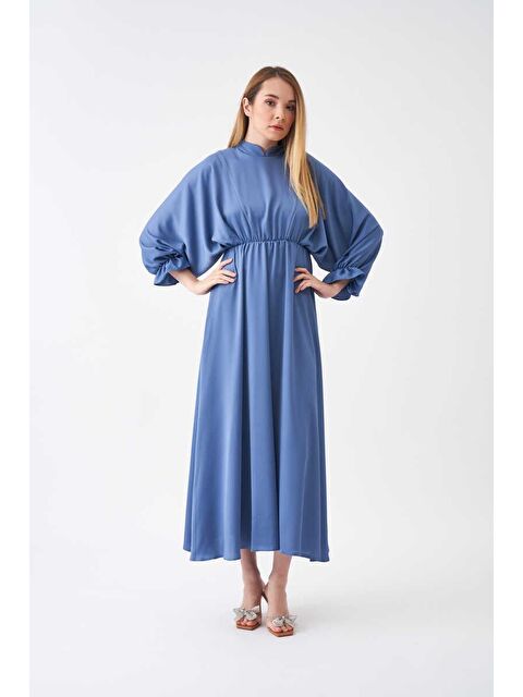 Mevra Beli Lastikli Abiye Elbise İndigo