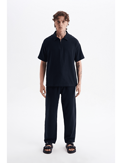Danger Erkek %100 Pamuklu Keten Görünümlü Pantolon Tshirt Takım Lacivert