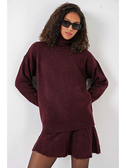 Hazelin Kadın Mürdüm Kazak Etek Triko İkili Takım HZL25W-BD1102641