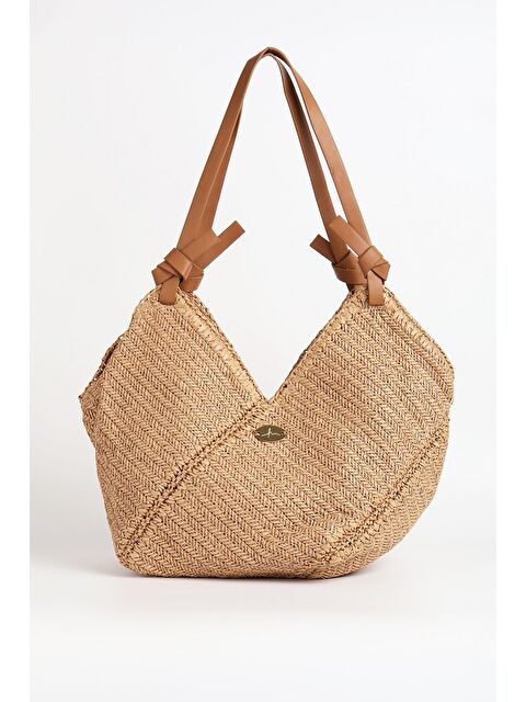 Haşema Kahverengi Deri Saplı Camel Renk Plaj Çantası 1114