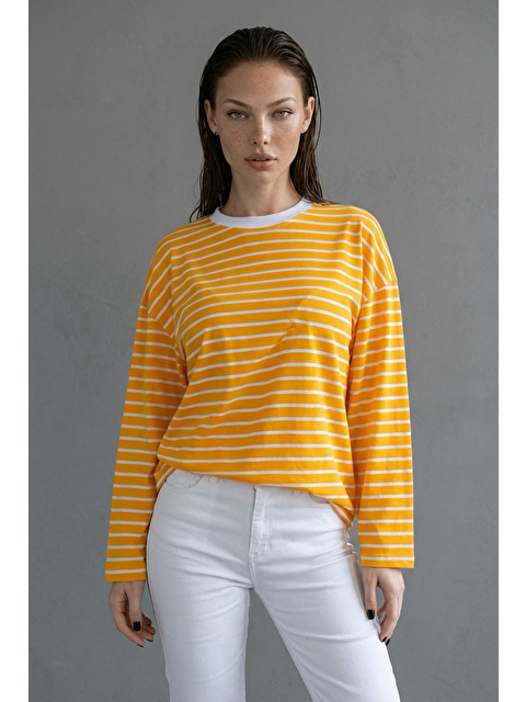 Madmext Hardal Bisiklet Yaka Çizgili Uzun Kollu Tişört Mg2362 - S000369819-20074