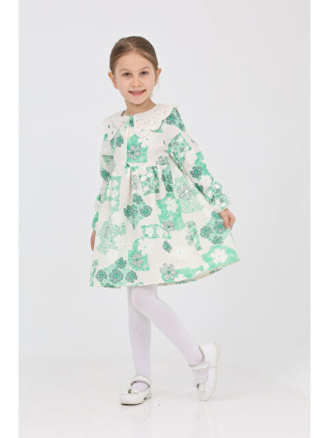 Eftelya Kız Çocuk Keten Kumaş Dantel Yakalı Elbise 12191 - S000363975-17259