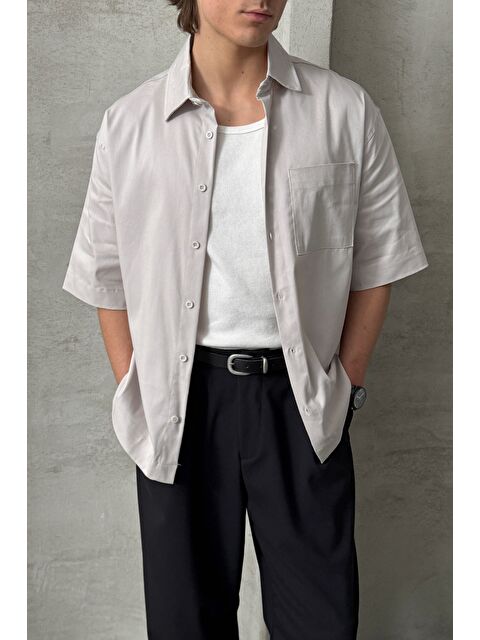 HYMAN Erkek Oversize Kısa Kol Gabardin Gömlek - S000515494-25636