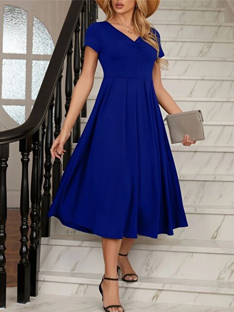 Jane's Kadın Kısa Kollu V Yakalı önden Pileli Midi Janjan Krep Elbise - S000528082-17234