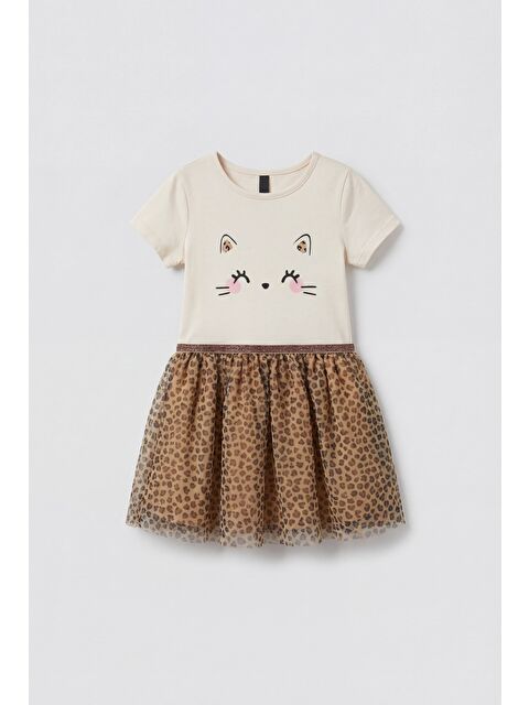 Magu Kız Çocuk Pamuklu Ekru Kedi Baskılı Tül Elbise - Leopar Desenli