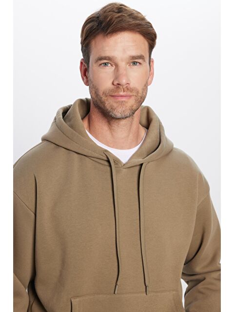 TUDORS Unisex Oversize Geniş Kesim Pamuklu Yumuşak Dokulu İçi Polarlı Basic Haki Kapüşonlu Erkek Hoodie