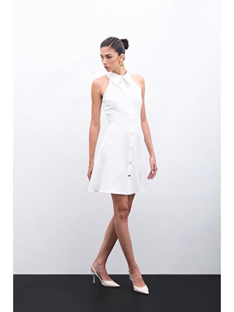 SATEEN Çıtçıtlı Kısa Elbise - Ekru - S000369770-19965