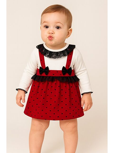 Chicsy Baby Kız Bebek Puantiyeli Desenli Dantelli Fiyonklu Askılı Elbise Takım