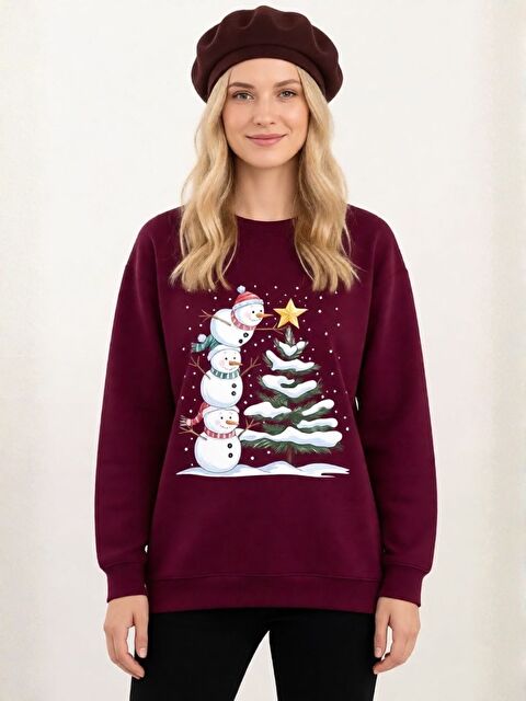 Trendseninle Kadın Bordo Kardan Adam Baskılı Oversize Bisiklet Yaka Sweatshirt - S000492678-19951