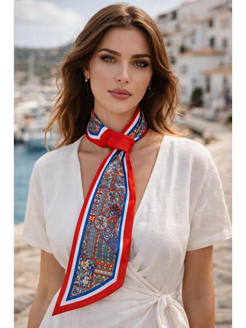 Luminos Butik Kadın Kırmızı Mavi Etnik Desenli Boyun Fuları FLR1013 KIRMIZI - S000522569-22430