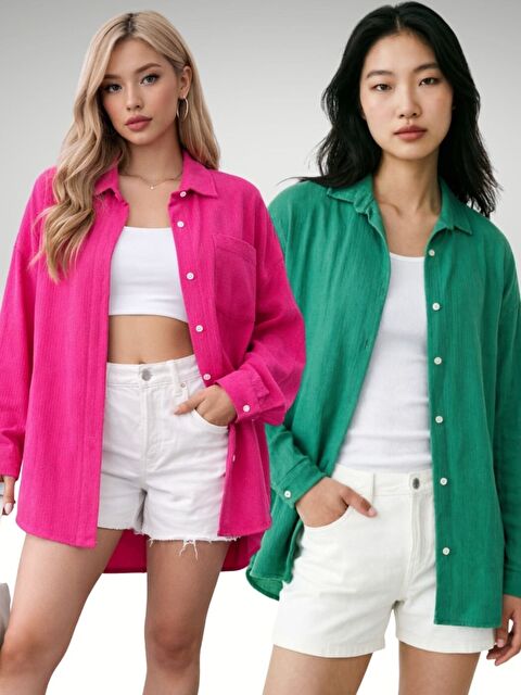 Trendseninle Yeşil+Fuşya Rahat Kalıp Yazlık Tril Uzun 2Li Gömlek - S000532379-37468