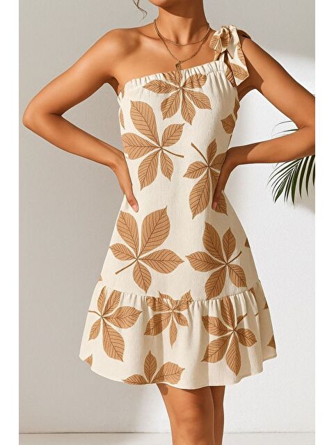 Trendseninle Kadın Camel Beyaz Çiçek Desenli Tek Omuz Bağlamalı Fırfırlı Krinkıl Elbise - S000390211-37258