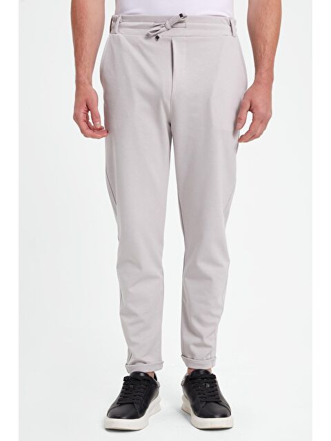 TUDORS Erkek Slim Fit Pamuklu Beli Bağlamalı Yan Cepli Katlamalı Paça Jogger Gri Pantolon - S000526175-20600