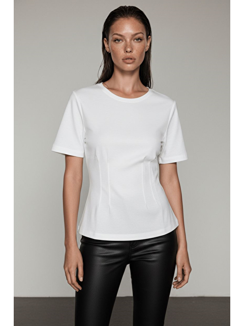 Madmext Beyaz  Kadın Bisiklet Yaka Belden Oturtmalı Basic Tişört - S000514050-20063