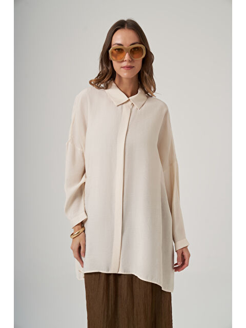 Nuss Oversize Basic Yazlık Gömlek 3001 Krem
