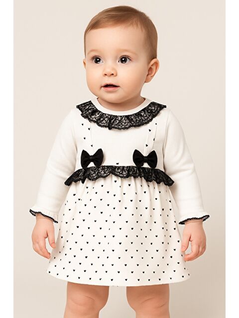 Chicsy Baby Kız Bebek Puantiyeli Desenli Dantelli Fiyonklu Askılı Elbise Takım
