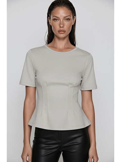 Madmext Boyalı Gri Kadın Bisiklet Yaka Belden Oturtmalı Basic Tişört - S000514050-22875