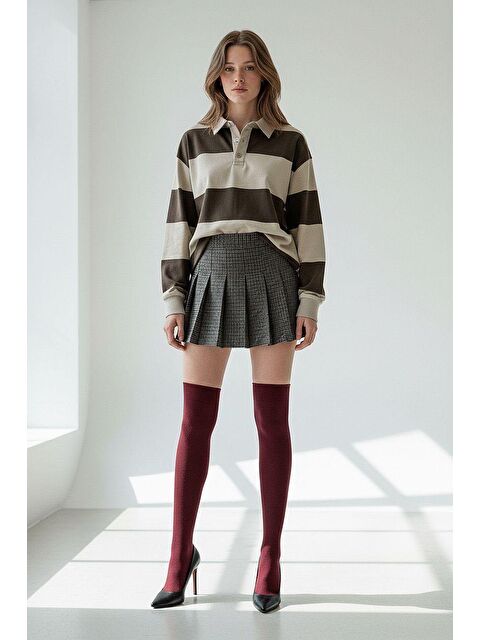 Madmext Mint Yeşili Çizgili Düğmeli Polo Yaka Kadın Uzun Kollu Tişört  Mg2586 - S000514027-17259