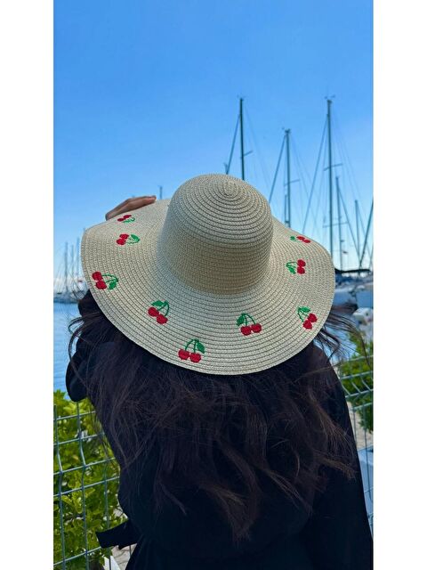 Luminos Butik Bej Kiraz Nakışlı Geniş Kenarlı Kadın Yazlık Şapka HSR2115 - S000510480-19928