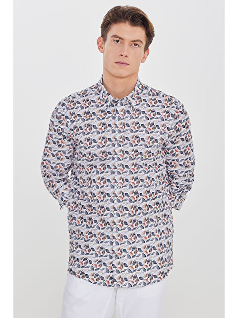 AC&Co / Altınyıldız Classics Erkek Bej-Lacivert %100 Pamuk Slim Fit Dar Kesim Düğmeli Yaka Baskılı Gömlek - S000512464-37211