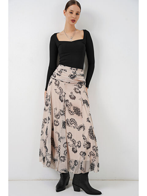 Bigdart Kadın Desenli Şifon Etek 8057 - Krem - S000505861-19966
