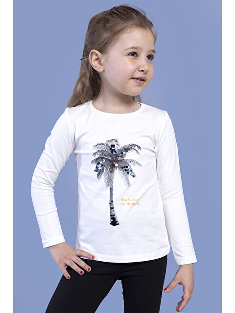 Toontoykids Kız Çocuk Palmiye Baskılı Pul İşlemeli Tişört - S000500891-19965